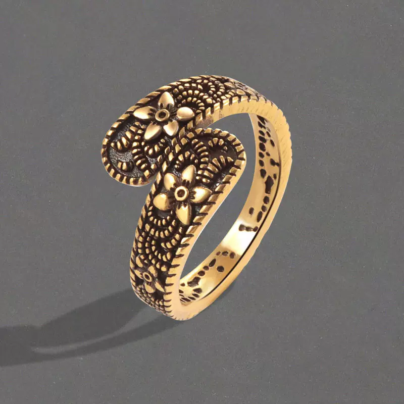小众复古重工古金色花朵戒指女中古风时尚精致轻奢百搭高级感指环