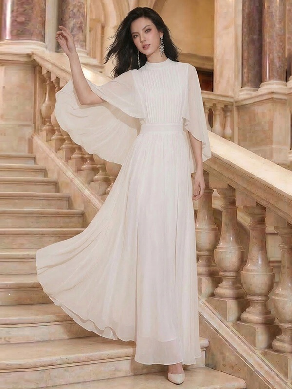 Luxurious Women's Cape Dress with Large Bell Sleeves, Half-High Collar, White Long Skirt, Chiffon Maxi Skirt, Large Flared Skirt