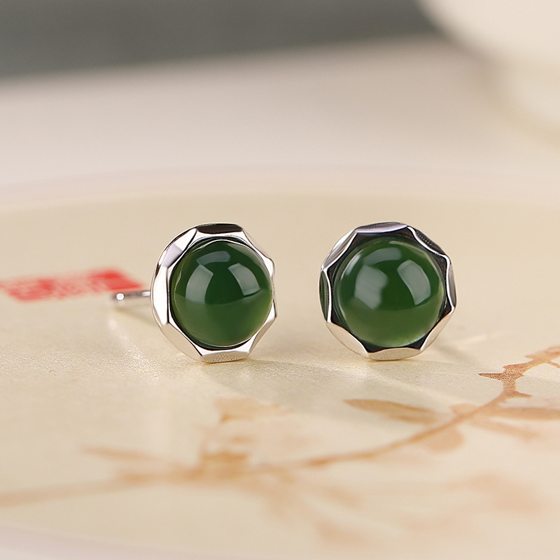 Khuyên tai nữ bạc S925 đá ngọc bích và jasper hạt tròn cắt nhỏ thanh lịch — Một cặp