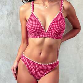 粉格分体泳衣高腰女跨境吊带沙滩比基尼性感温泉跨境bikini泳衣女