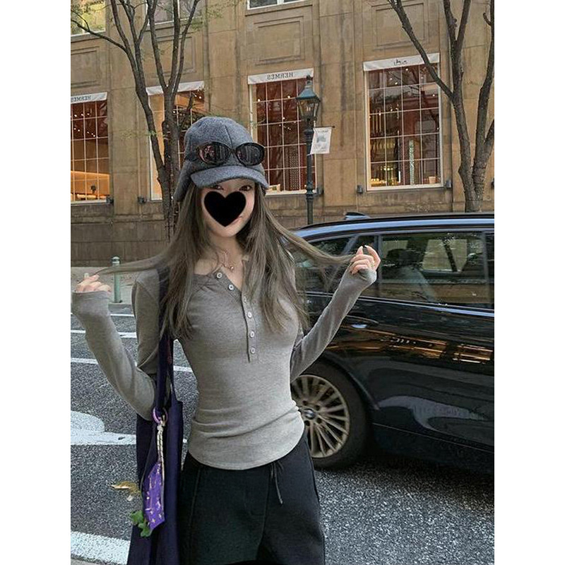 Gray Thermal Base Layer Women's Spring and Autumn Slim Long-Sleeve Top T-Shirt Slim Fit Half-Open Collar Henley Shirt