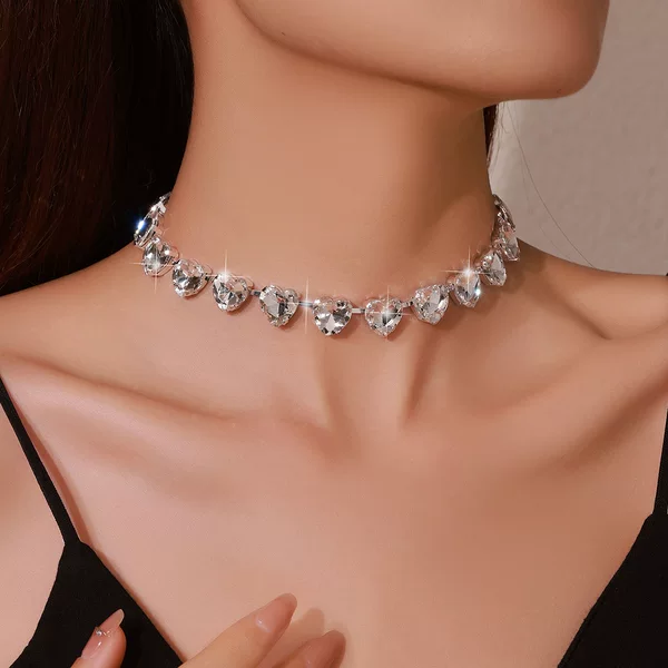 Fashion Heart-Shaped Diamond Chain European and American Fashion Necklace Water Drop Choker Evening Accessories Women's Copper Silver-Plated Full Diamond Necklace Wholesale