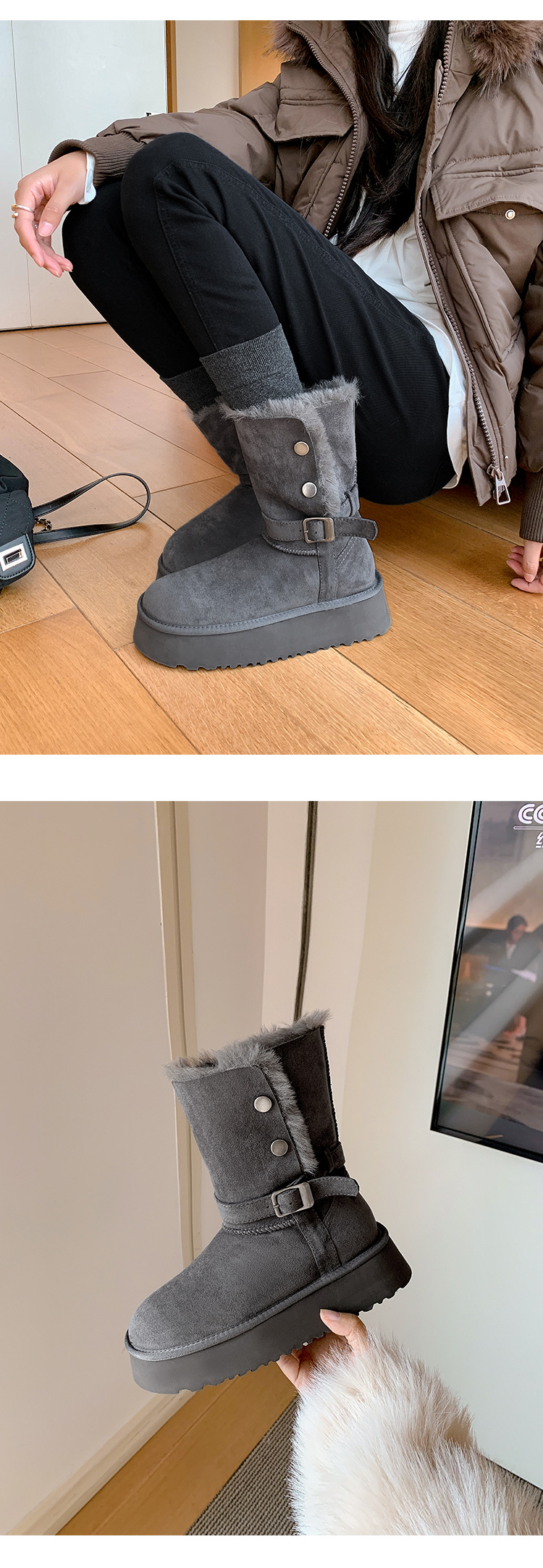 Damen-Winterstiefel mit Kunstfellfutter, dicker Gummisohle, runder Zehenpartie, Schnallenriemen, lässige hohe Stiefel für kaltes Wetter, die kurze Füße verlängern_voghion.com