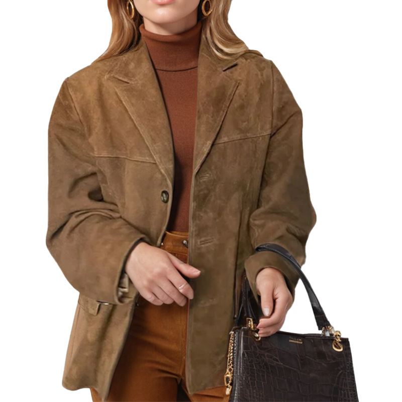 Women's Stylish Vintage Brown Loose-Pocket Long-Sleeved Suit Jacket_ecoleips.com