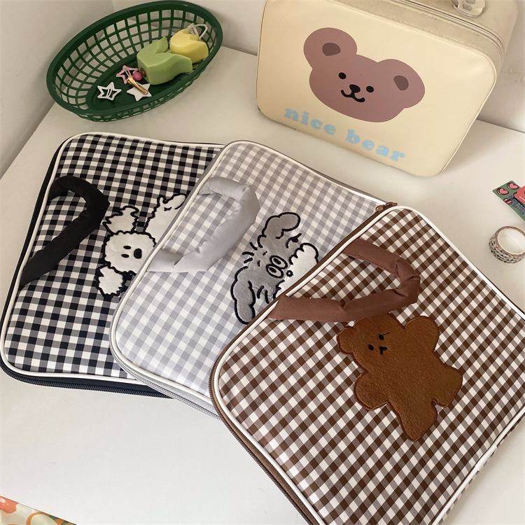 Laptop Handbag Embroidered Checkerboard Cute Cartoon Laptop Storage Bag Flat Protective Cover Inner Bag