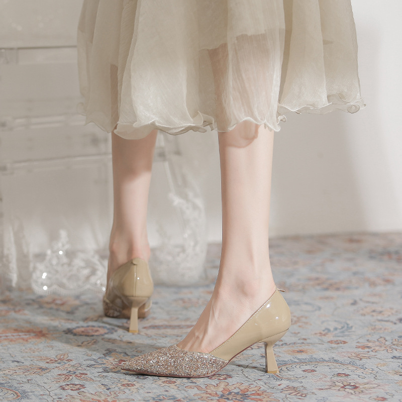 Banquet Dress Sequined Stiletto High Heels Women's New Patent Leather Nude Spring & Fall Flats French Wedding Shoes Bridesmaid Shoes