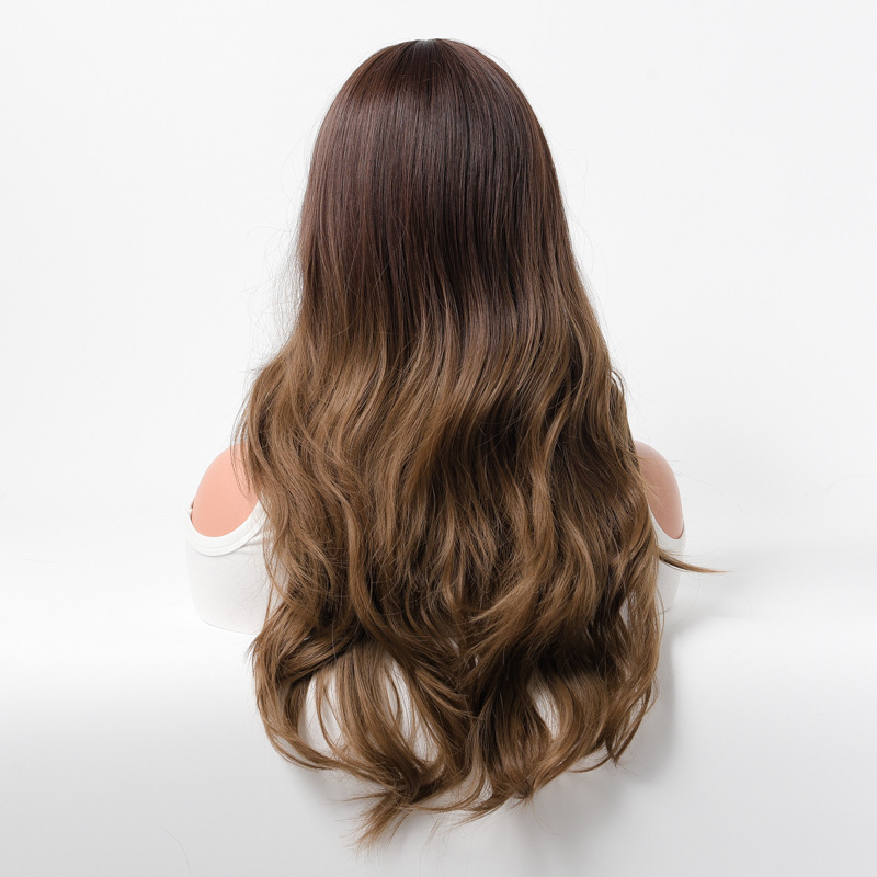 perruques de mode pour femmes franges ondulées brunes longues perruques bouclées couverture complète de la tête_voghion.com