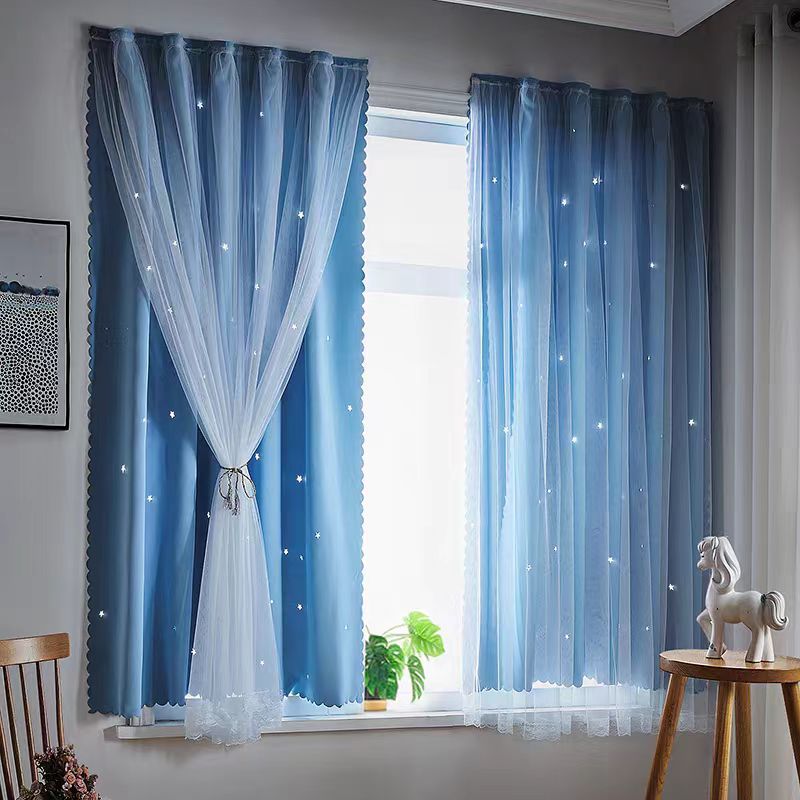 Moderno minimalista estrella doble sombra de tela de encaje cortina de dormitorio balcón hueco estrella cortina terminada