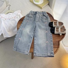 女童牛仔裤秋装新款2025宝宝蝴蝶结软牛仔阔腿休闲长裤子外穿百搭