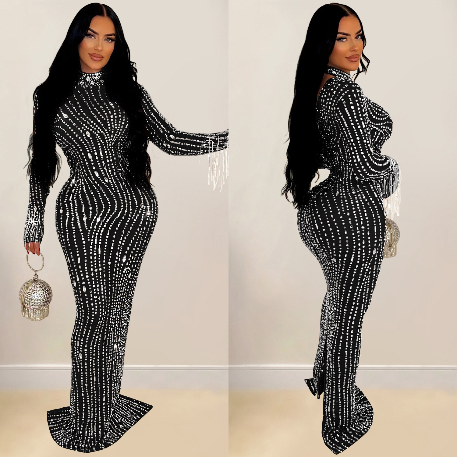 C6919 Aliexpress transfronterizo Amazon estación independiente de moda europea y americana ropa de mujer de color sólido malla de diamante vestido largo image 3