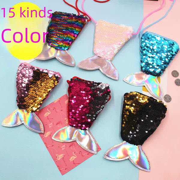 Sequin Mermaid Lanyard Coin Bag Small Wallet Kidsren's Cross-Body Bag Fish Tail Two-Color Sequin Coin Purse for Women