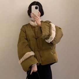 冬季新中式国风绿色棉服外套女2023新款设计感气质加厚保暖棉袄潮