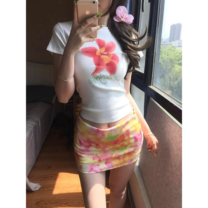 Vintage Американская футболка с положительным плечом женская летняя цветочная принт