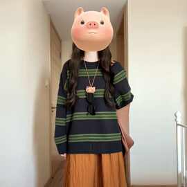 日系复古撞色毛衣女秋冬季2025新款慵懒风绿色条纹内搭打底针织衫