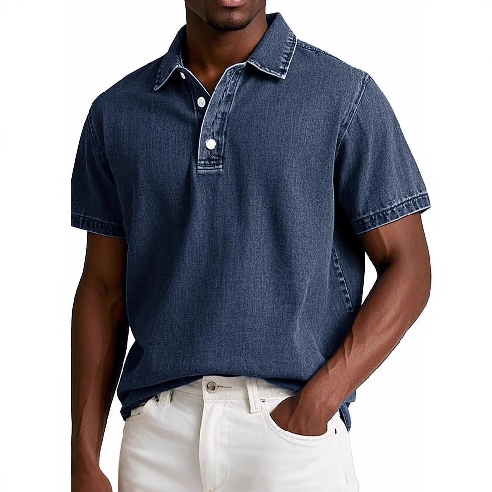 2025 New Cross-Border Export Amazon Independent Station Men's Fashion Pure Color Retro Short-Sleeved Lapel Polo Shirt