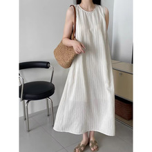 后背镂空棉麻日杂风条纹背心连衣裙女浅色裙子