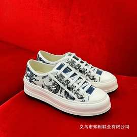 D家2024新款刺绣厚底运动鞋系带字母休闲帆布英伦风时尚女鞋