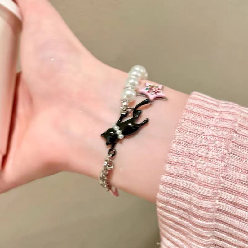 Pearl Stitching Black Cat Star Bracelet Women's Ins Style Sweet Cool Spice Girl All-match Niche Design Sense Girlfriend Trendy Bracelet