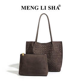 秋冬新款磨砂手工编织包欧美大容量单肩腋下托特包复古手提子母包