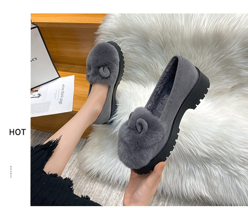 Giày bông nữ gót vuông thấp lót lông thỏ giữ ấm, mũi tròn, đế dày — Màu xám, Màu đen chi tiết 20