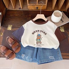 兒童韓版套裝拼色袖子T恤破洞牛仔褲2024夏季新款中小童休閒時尚