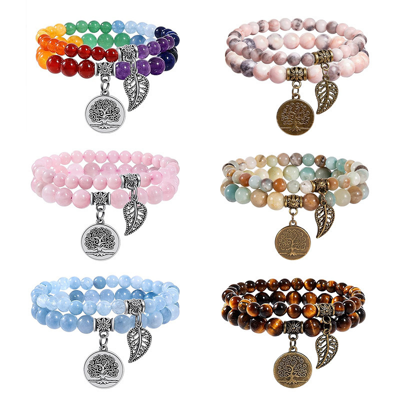 Cross-Border Women's Natural Multicolored Stone Beaded Bracelet with Tree of Life Leaves, Energy Healing Crystal Elastic Stacking Bracelet