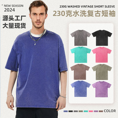 New 2024 Summer Retro Cotton Washed Stir-Fried Snowflake Class T-shirt for Men and Women, Heavy Work Pure Color Short Sleeve Top