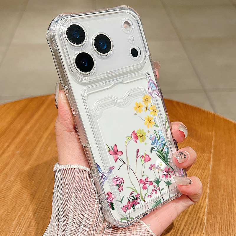 跨境适用苹果17 PRO彩绘花朵插卡手机壳萍果16硅胶四角防摔保护套