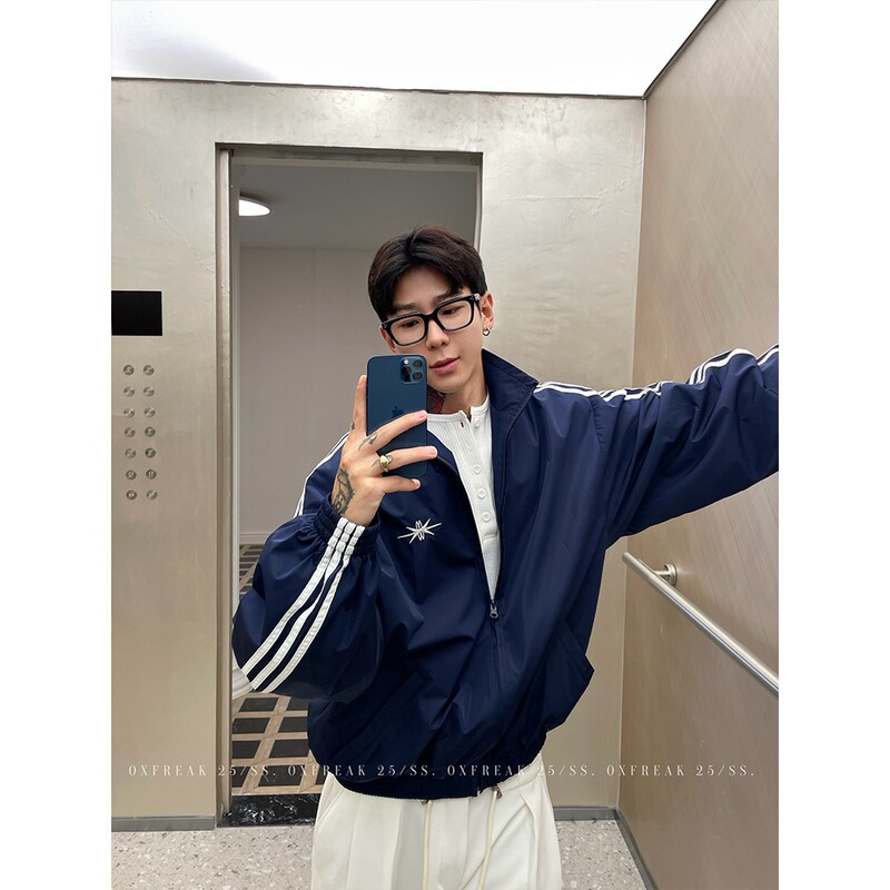 Three-Stripe Blue Jacket Men's Short Loose-Fitting Sports Style Coat American Style