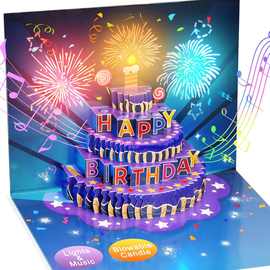 ins风生日蛋糕音乐灯光3D立体贺卡高端创意礼花效果有声卡片跨境