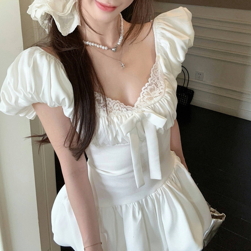 百搭甜美风蝴蝶结白色蓬蓬连衣裙女 夏季蕾丝边气质A字裙短裙批发|undefined