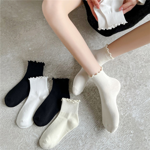 White Mulberry Border JK Socks for Women, Mid-Calf Summer and Autumn Thin Cotton Mary Jane Shoes with Floral Edge, Summer Japanese Style Short Socks