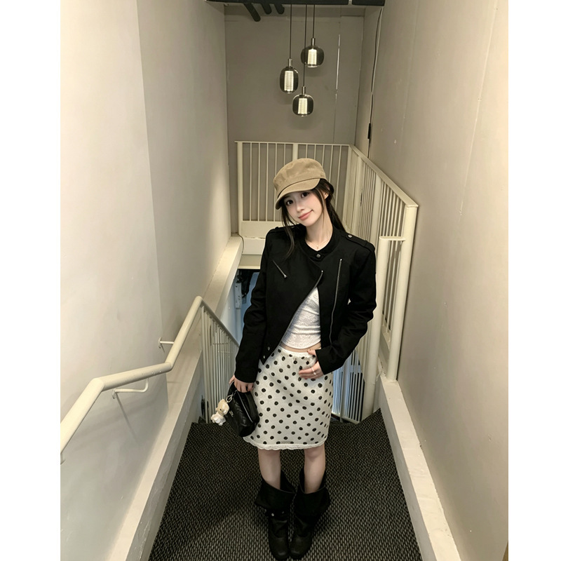 2026 Autumn New Black Denim Jacket, Workwear Retro Stand Collar, Straight Shoulder Zipper Short Coat for Women