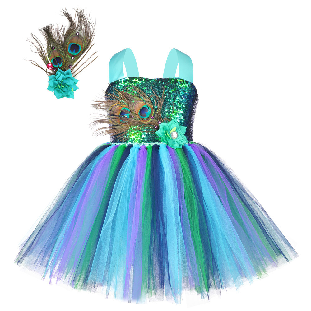 Peacock Princess Dress Sequins Peacock Feather dress Masquerade Dress Festival Show Dance Tutu Dress