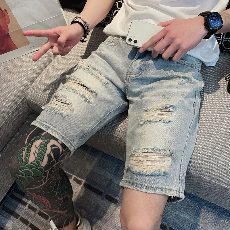 Trendy Brand Summer Thin Ripped Scraping Denim Shorts Men's Trendy Cyber Popular Fashionable Slim-fit Straight Five-point Pants