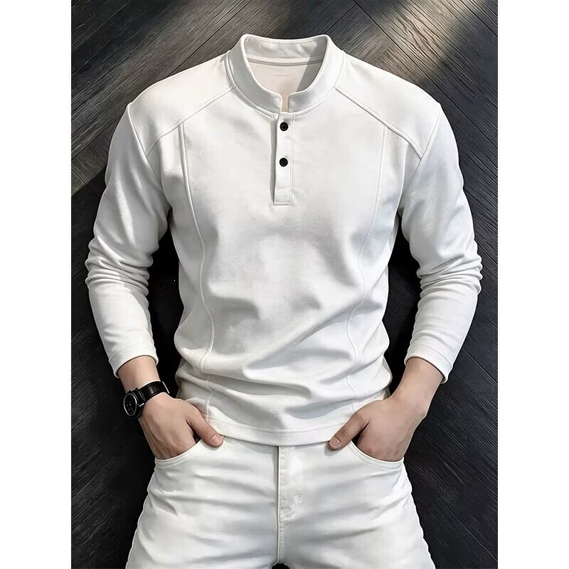 Henry collar, long-sleeved T-shirt for men, autumn collection, deconstructed patchwork design, stand-up collar polo shirt, cleanfit sweatshirt, light gray Henry collar, long-sleeved T-shirt for men, autumn collection, deconstructed patchwork design, stand-up collar polo shirt, cleanfit sweatshirt, light gray