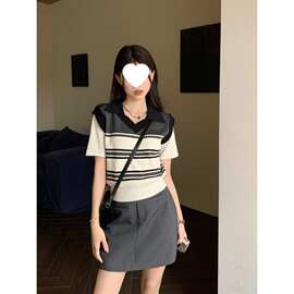 跨境现货假两件针织衫夏季新款条纹polo领小众设计感短袖爆款