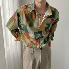 春秋款韩版男士花衬衫长袖复古文艺设计高级感垂坠感休闲衬衣上衣