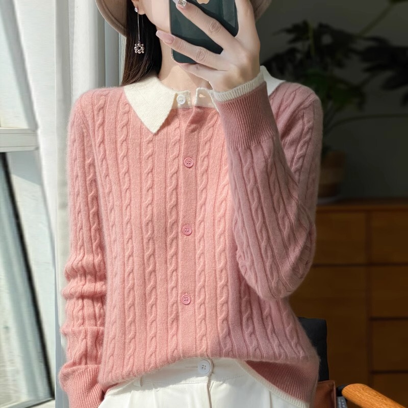 Manufacturer Wholesale 100% Wool 2024 Autumn and Winter New Women's Polo Collar Small Twist Short Color Block Knitted Cardigan Manufacturer Wholesale 100% Wool 2024 Autumn and Winter New Women's Polo Collar Small Twist Short Color Block Knitted Cardigan