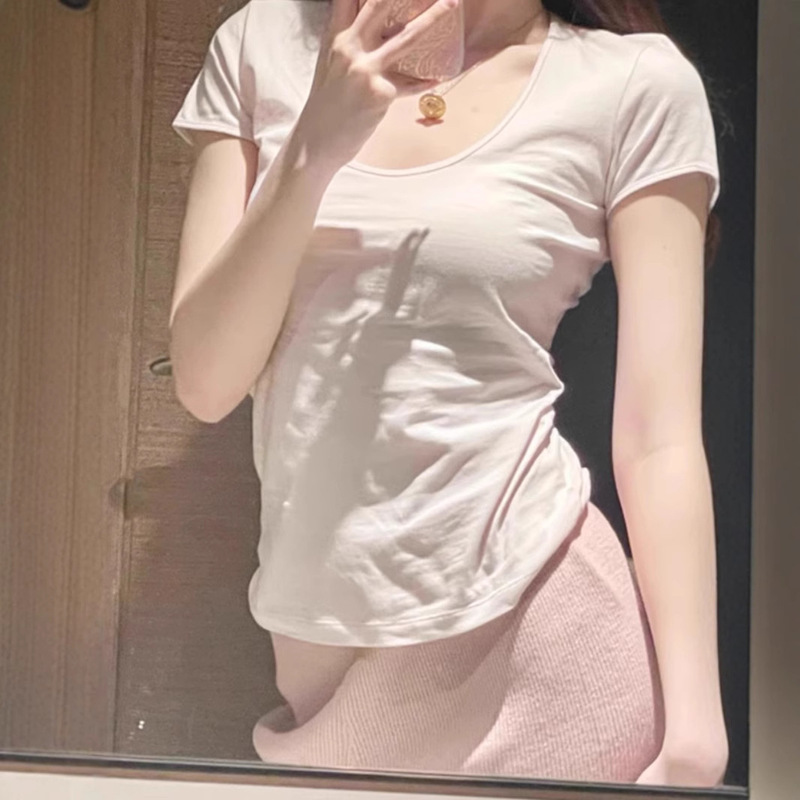 180g 95 cotton 5 spandex slub cotton slub cotton short sleeve t-shirt women's summer basic u-collar top