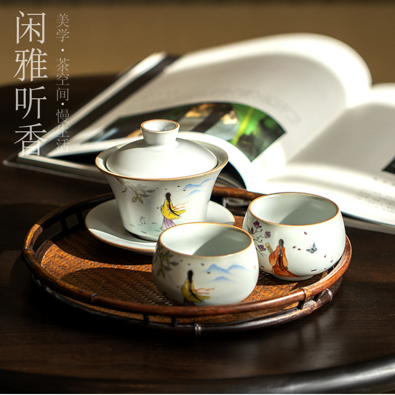 Tazón de fuente de la cubierta del horno de estilo japonés Ru Zen Juego de té de Kung Fu de cerámica de estilo chino Tazón de té solo hogar de tres talentos Ru