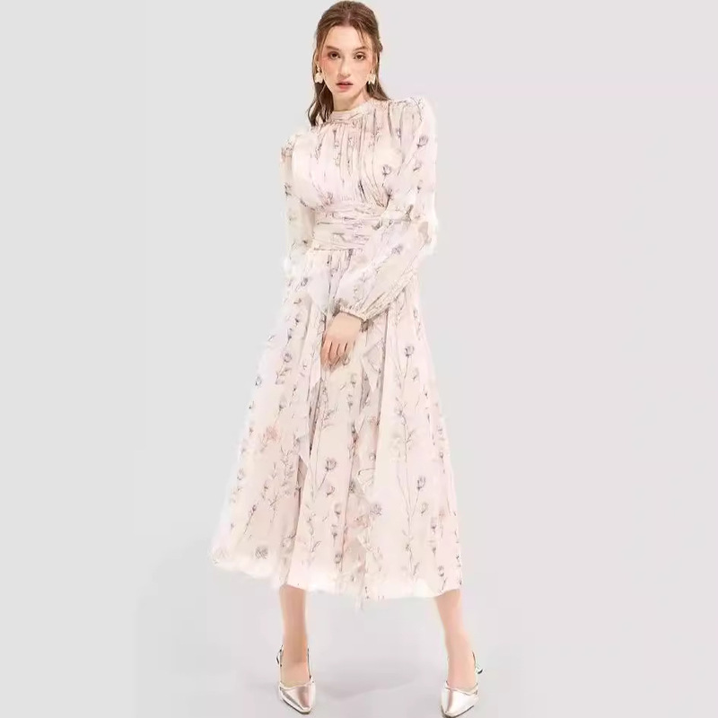European and American Cross-Border New Autumn and Winter Fashion Chiffon Print Ruffled Temperament Long-Sleeved Evening Dress