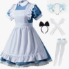 Sky blue clothes set + blue and white cat ears + white socks and blue knots + gloves