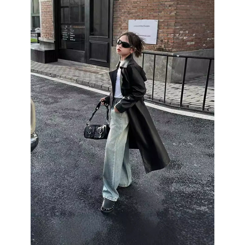 Long polyurethane trench coat, for teenagers, autumn, western style
