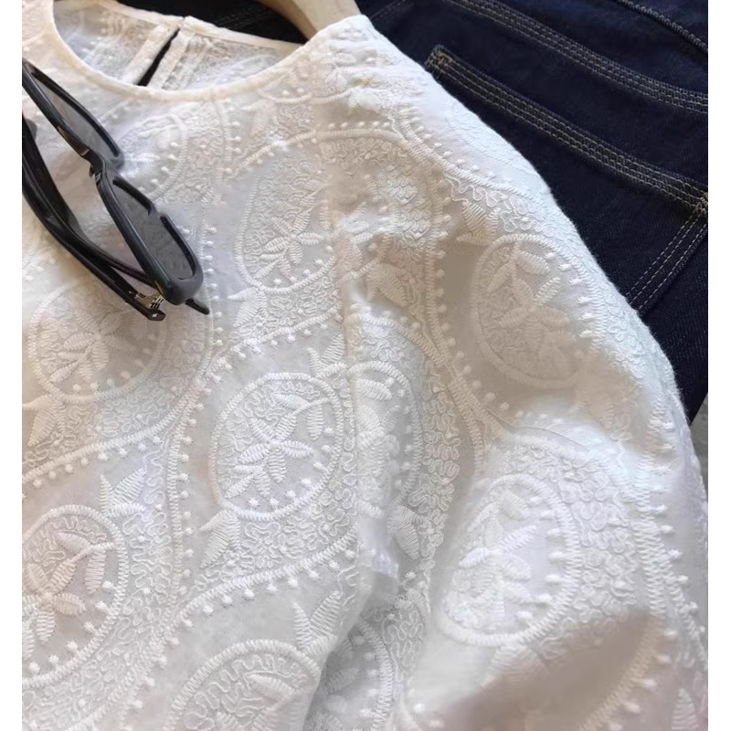 The original law list! Giant giant recommend, high count cotton water soluble lace embroidered jacquard crew neck shirt female 2024