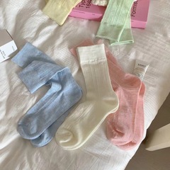 夏の薄手lolita純色愛透かし網目通気中筒靴下純欲風甘jk綿靴下子供