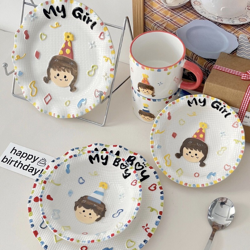 Korean style Happy Birthday plate three-dimensional relief underglaze couple cute mug dessert plate breakfast bowl plate gift