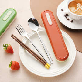 304不锈钢韩式勺子便携餐具套装鸡翅木筷子学生户外收纳餐具 批发