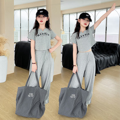 女童套裝夏季2024新款中大兒童洋氣運動休閒灰色闊腿褲兩件套童裝