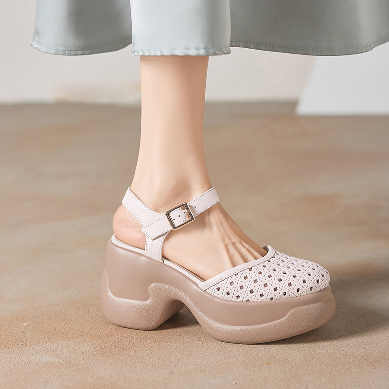 Sandal cao gót nữ mũi kín quai ngang gót 9 cm phong cách La Mã — màu trắng ngà, màu mơ